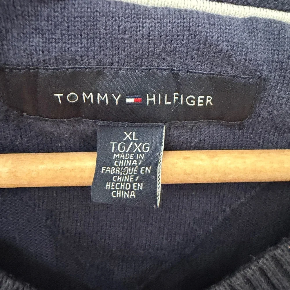 Tommy Hilfiger Sweater XL Navy Blue Argyle‎ V-Neck Cotton Pullover